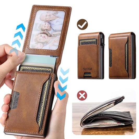 PU Leather for Men Wallet Card Slot Wallet Flip Cover Card Box Pressing the Button Automatically Ejects the Card