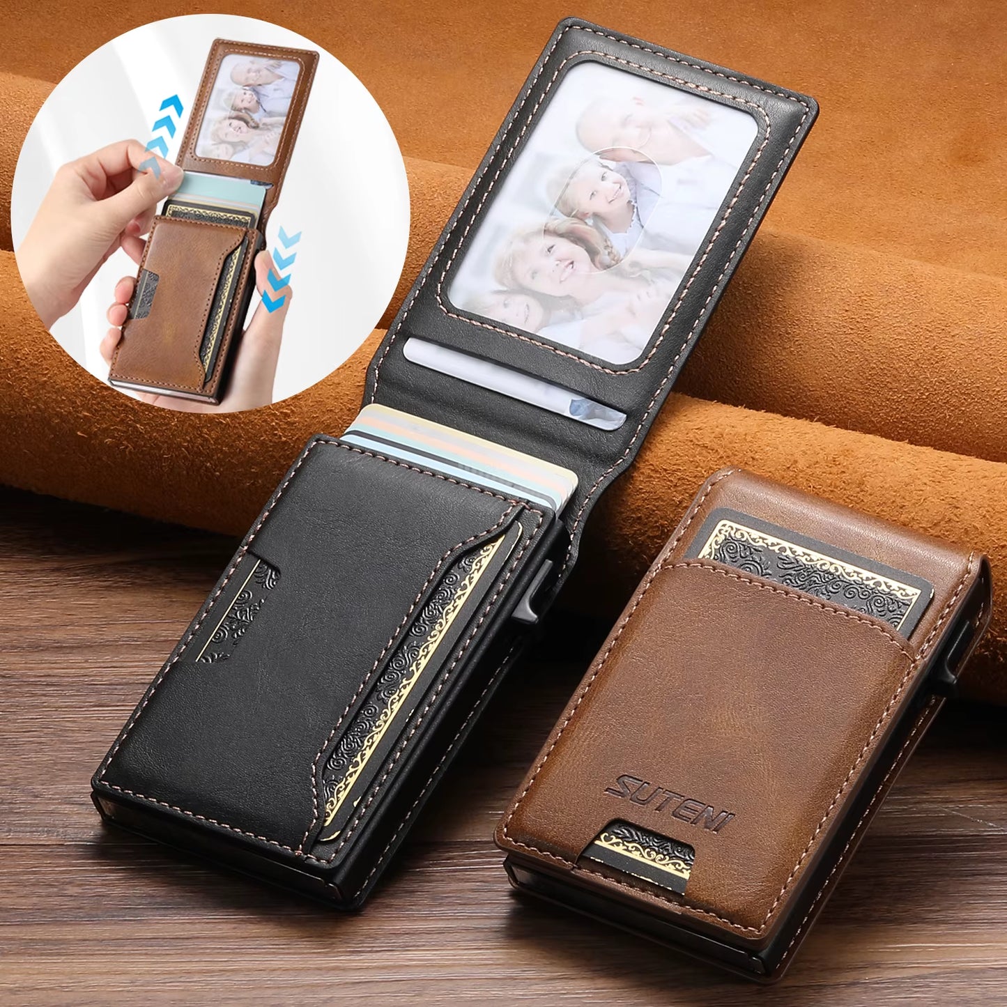 PU Leather for Men Wallet Card Slot Wallet Flip Cover Card Box Pressing the Button Automatically Ejects the Card