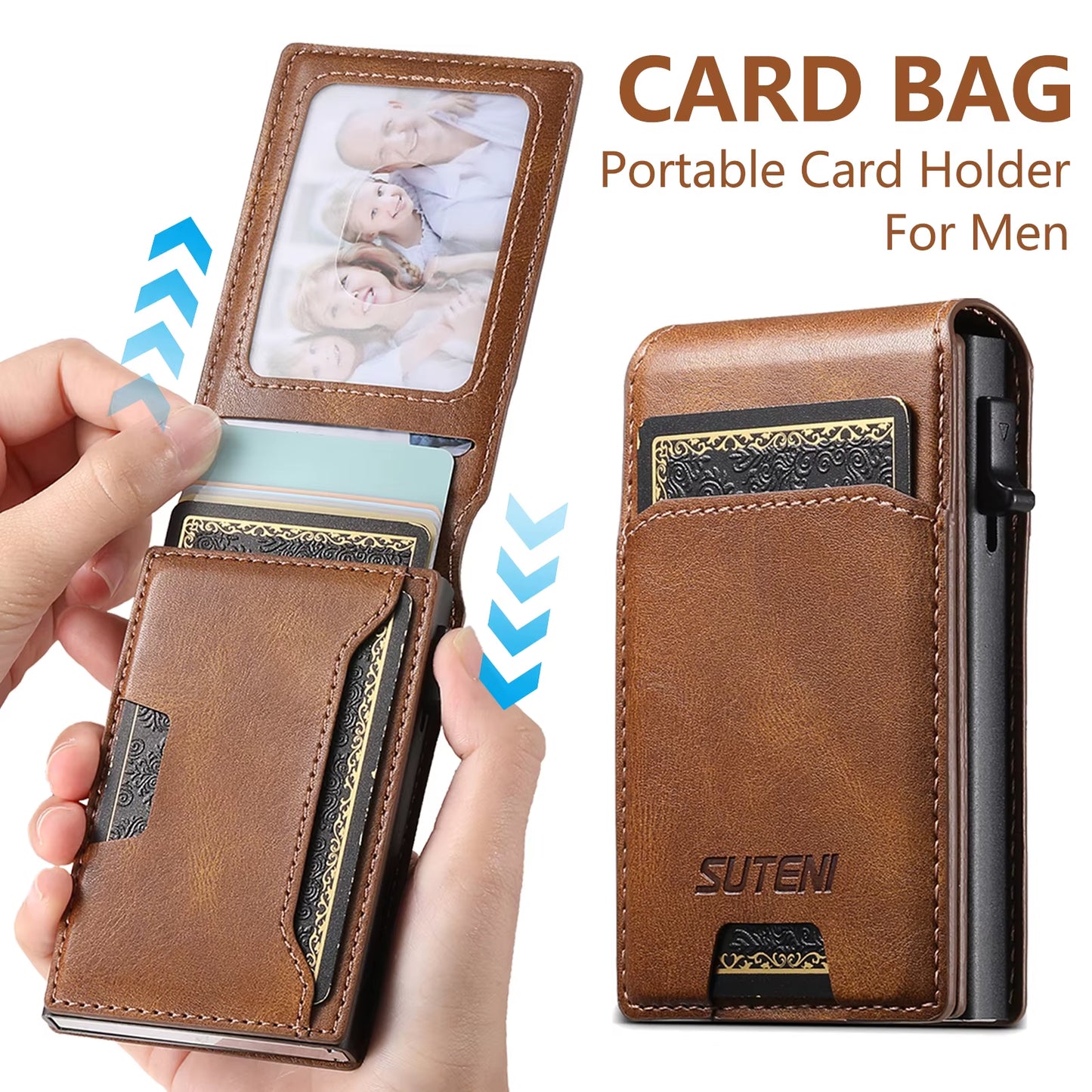PU Leather for Men Wallet Card Slot Wallet Flip Cover Card Box Pressing the Button Automatically Ejects the Card