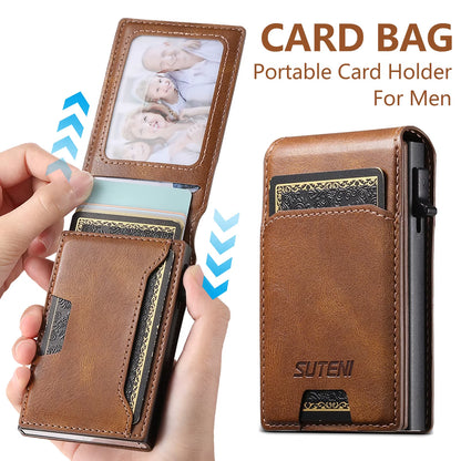 PU Leather for Men Wallet Card Slot Wallet Flip Cover Card Box Pressing the Button Automatically Ejects the Card