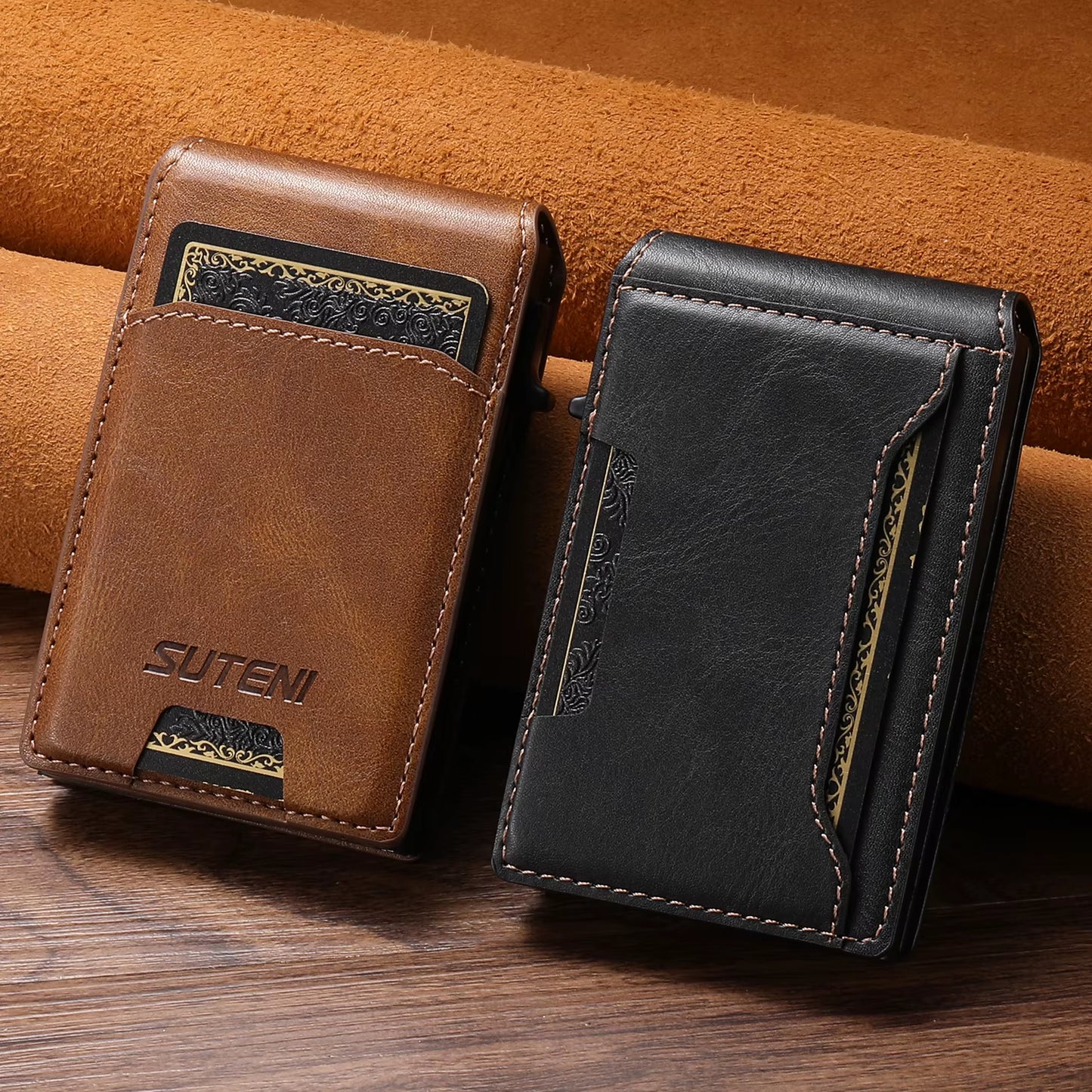PU Leather for Men Wallet Card Slot Wallet Flip Cover Card Box Pressing the Button Automatically Ejects the Card